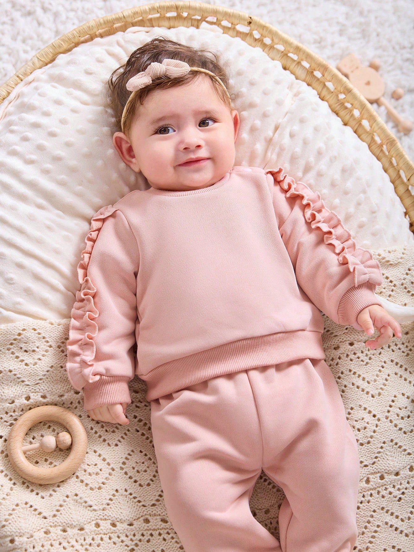Newborn Baby Girl Cute Solid Color Ruffle Edge Long Sleeve Sweatshirt & Pants 2pcs Set,