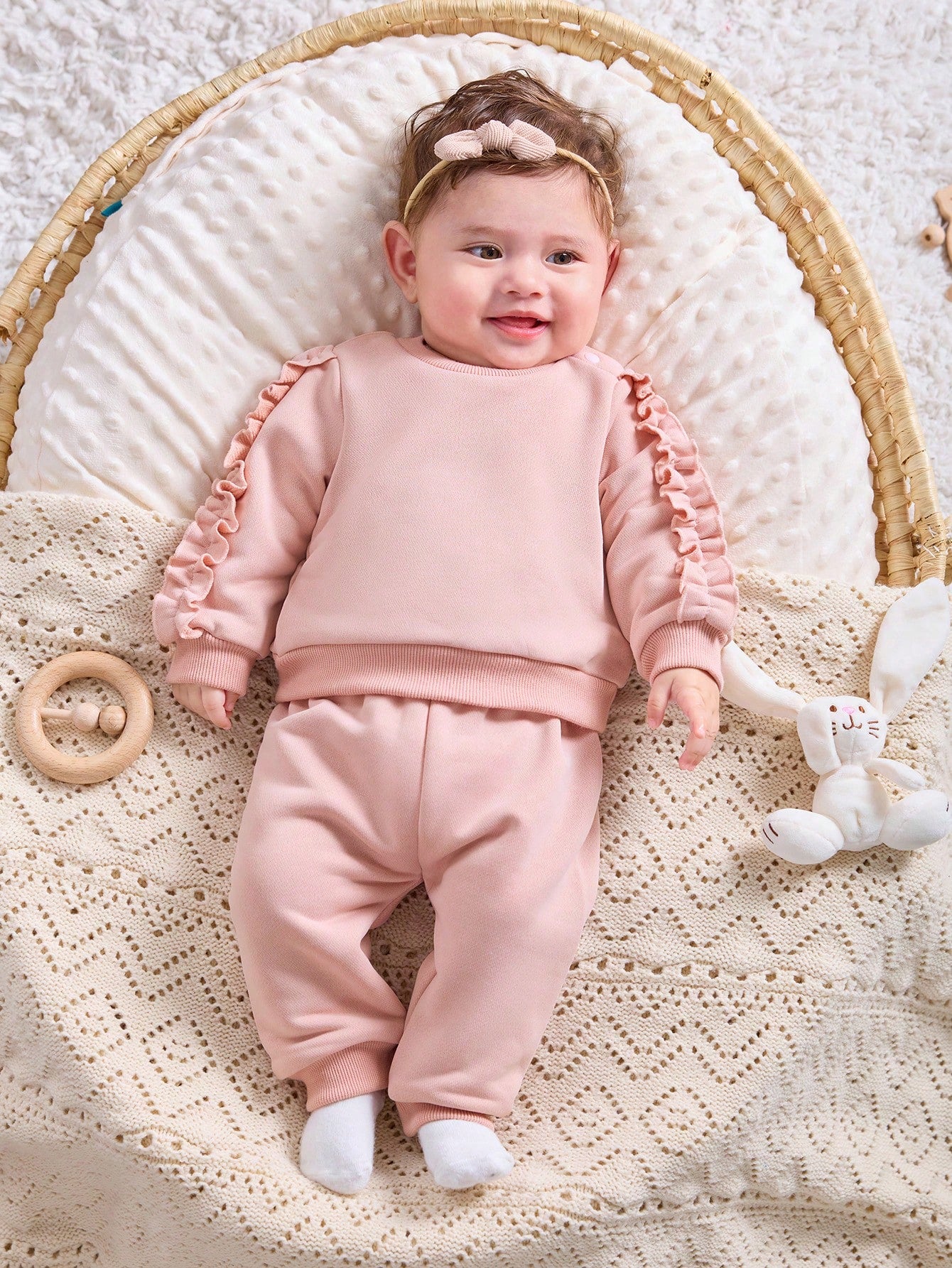 Newborn Baby Girl Cute Solid Color Ruffle Edge Long Sleeve Sweatshirt & Pants 2pcs Set,