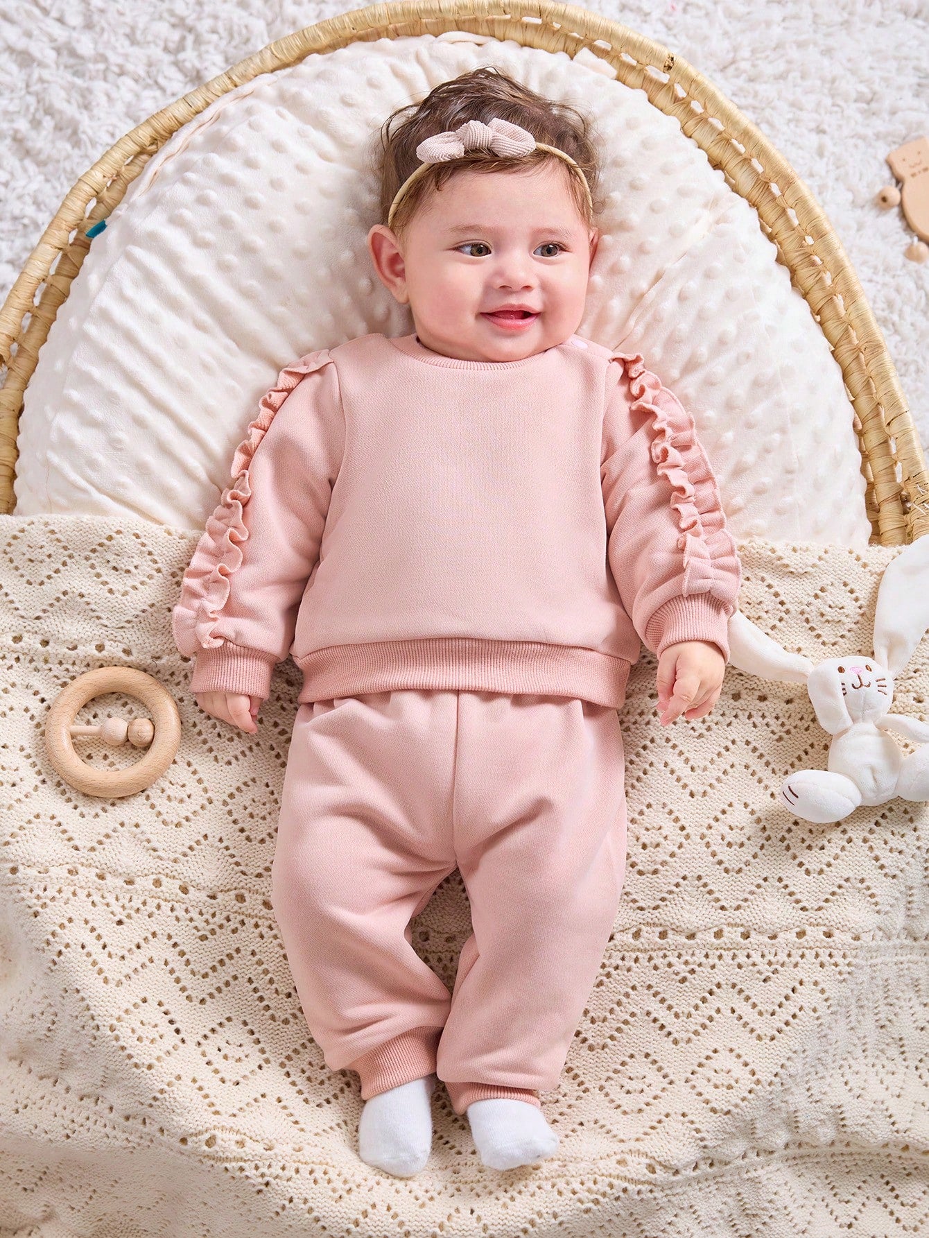 Newborn Baby Girl Cute Solid Color Ruffle Edge Long Sleeve Sweatshirt & Pants 2pcs Set,