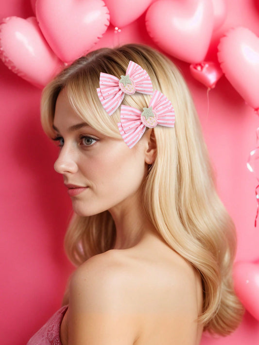 2pcs Valentine'S Day Sweet Cute Strawberry Hair Bow Clips For Women Girls,Daily Fabric Bow Hairpins