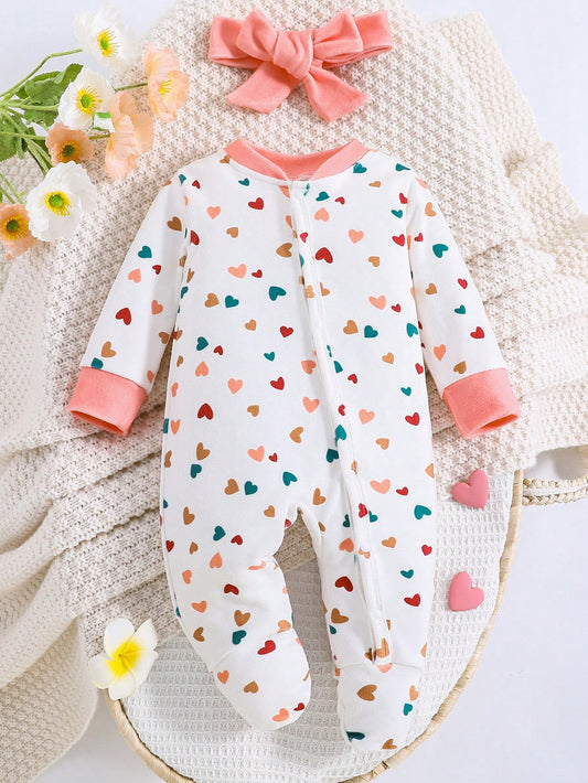 Newborn Simple Fashion Full Print Cute Heart Pattern Long Sleeve Jumpsuit With Headband Set