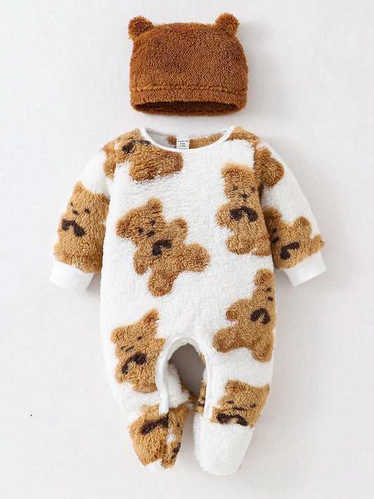 2pcs Newborn Baby Bear Graphic Fleece Long Sleeve Romper + Hat Set, Cute & Stylish Home Outfit